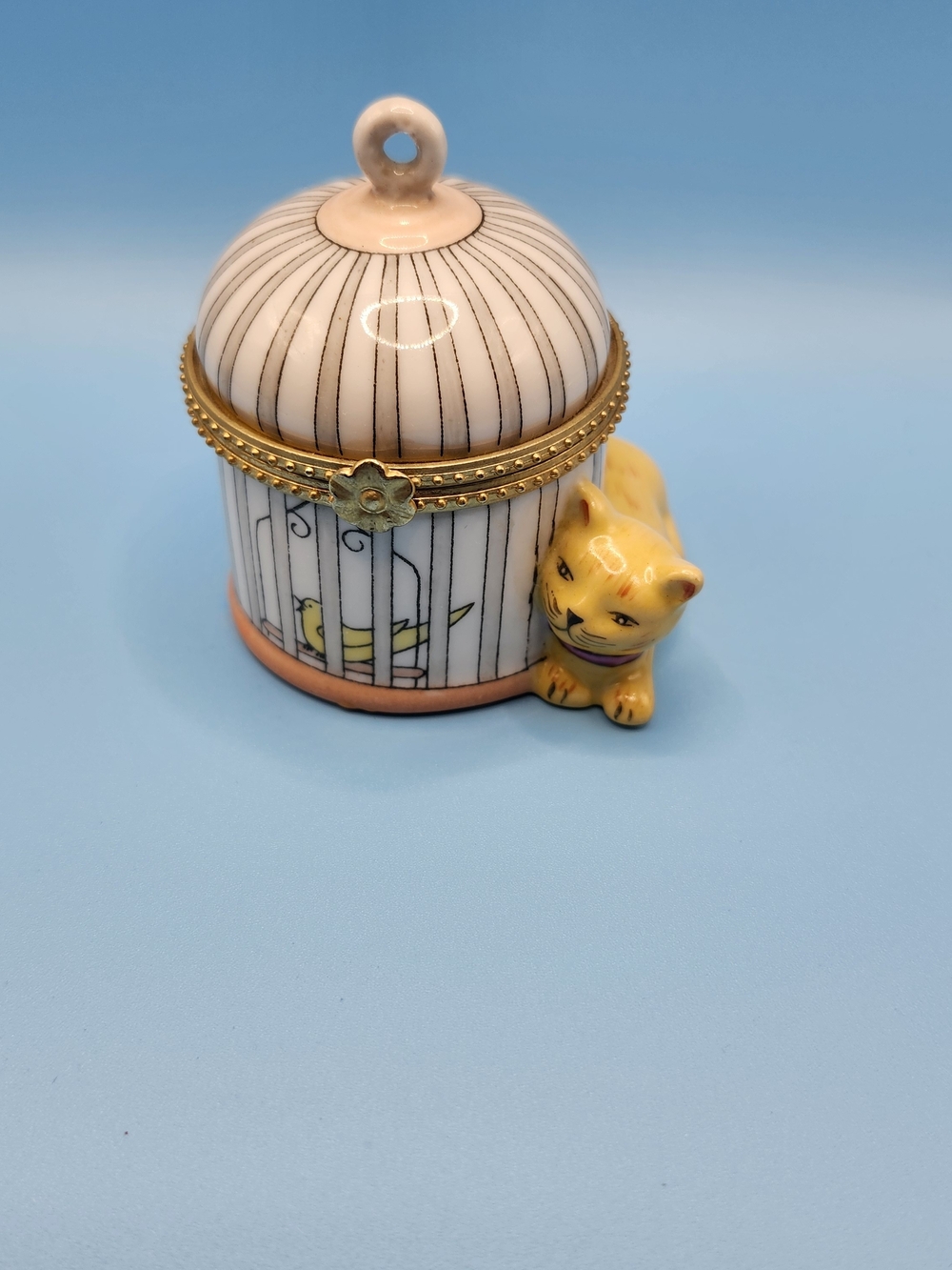 Ceramic Yellow Cat Trinket Box with Striped Cage Design